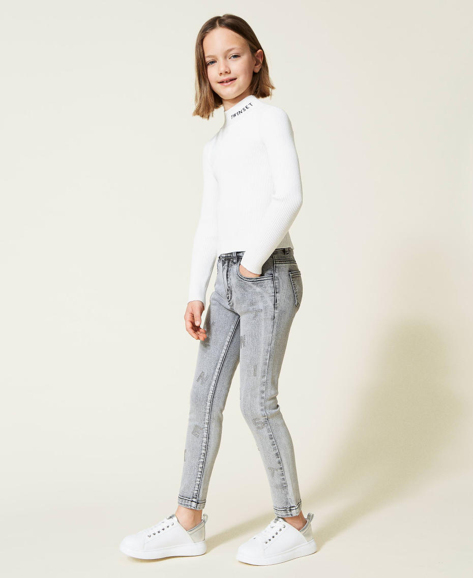 Skinny jeans with rhinestone lettering Faded Grey Denim Girl 222GJ2410-03