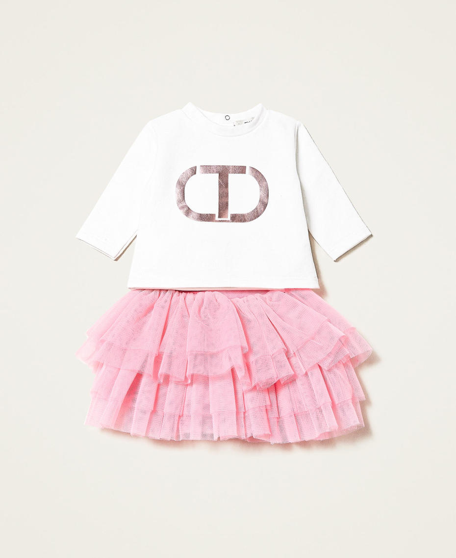 Logo sweatshirt and tulle skirts Two-tone Off White / "Sunrise" Pink Girl 222GJ2E12-01