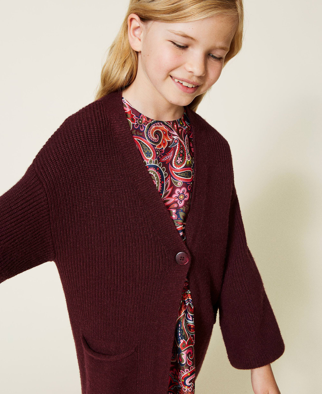 Fisherman s rib cardigan with logo Girl Red TWINSET Milano