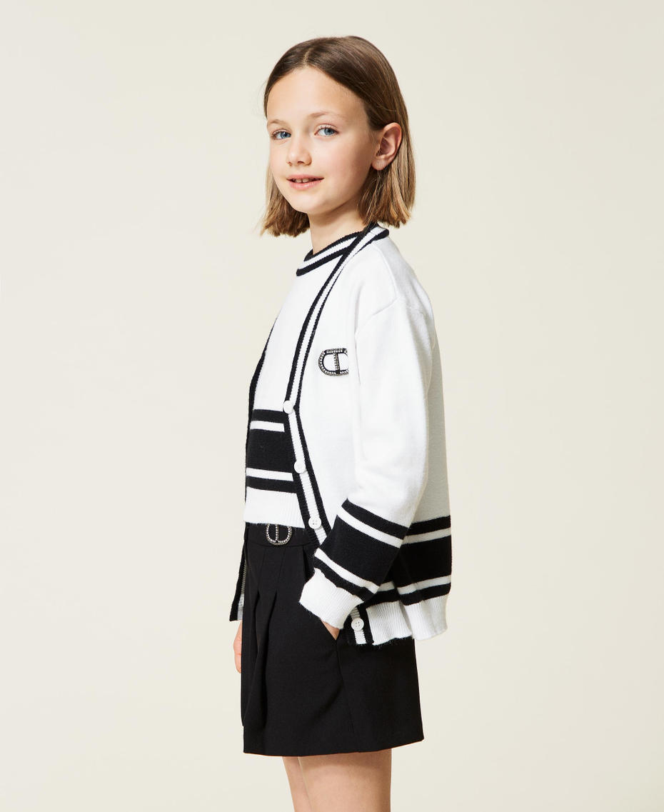 Cardigan and top with stripes Bicolour Off White / Black Girl 222GJ307A-04