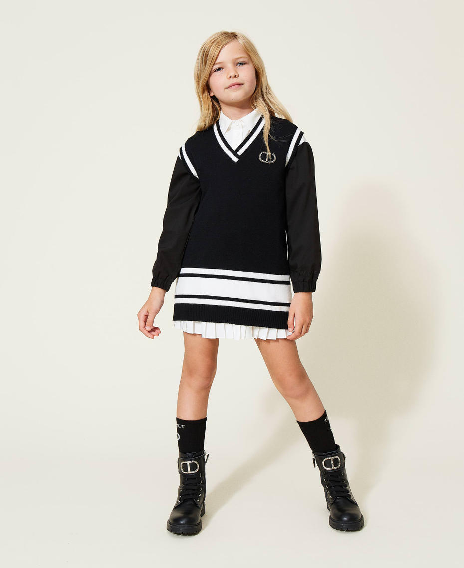 Knitted dress with stripes and logo Bicolour Black / Off White Girl 222GJ307B-01
