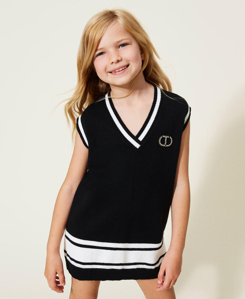 Knitted dress with stripes and logo Bicolour Black / Off White Girl 222GJ307B-05