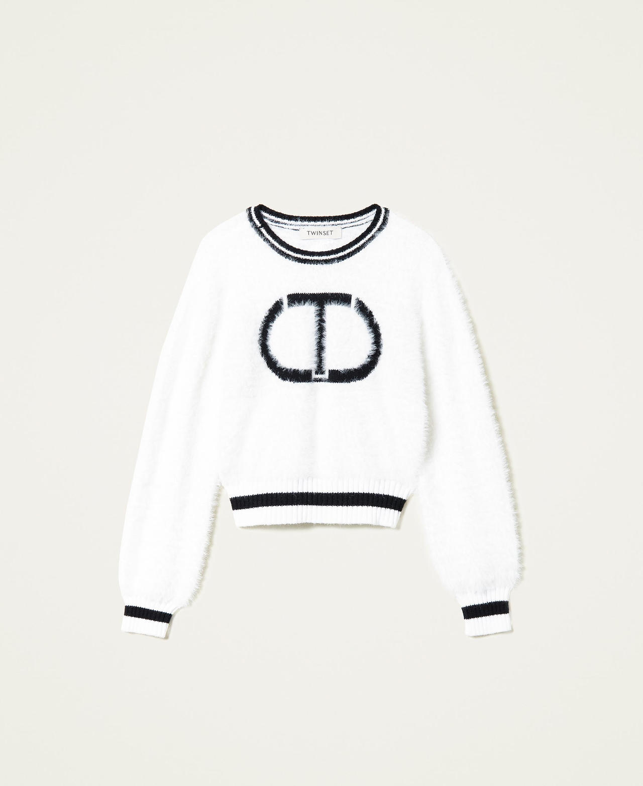 Flauschstrick-Pullover mit Logointarsie Zweifarbig Off White / Schwarz Mädchen 222GJ307G-0S