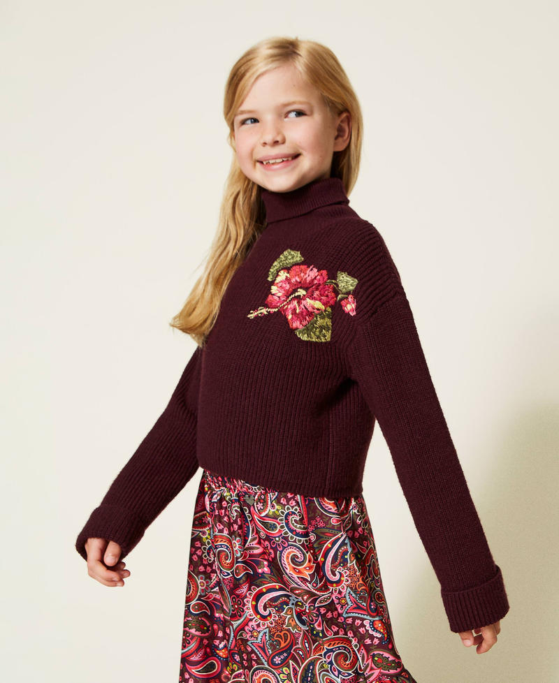 Fisherman's rib turtleneck jumper with embroidery Myrtle Red Girl 222GJ3085-02