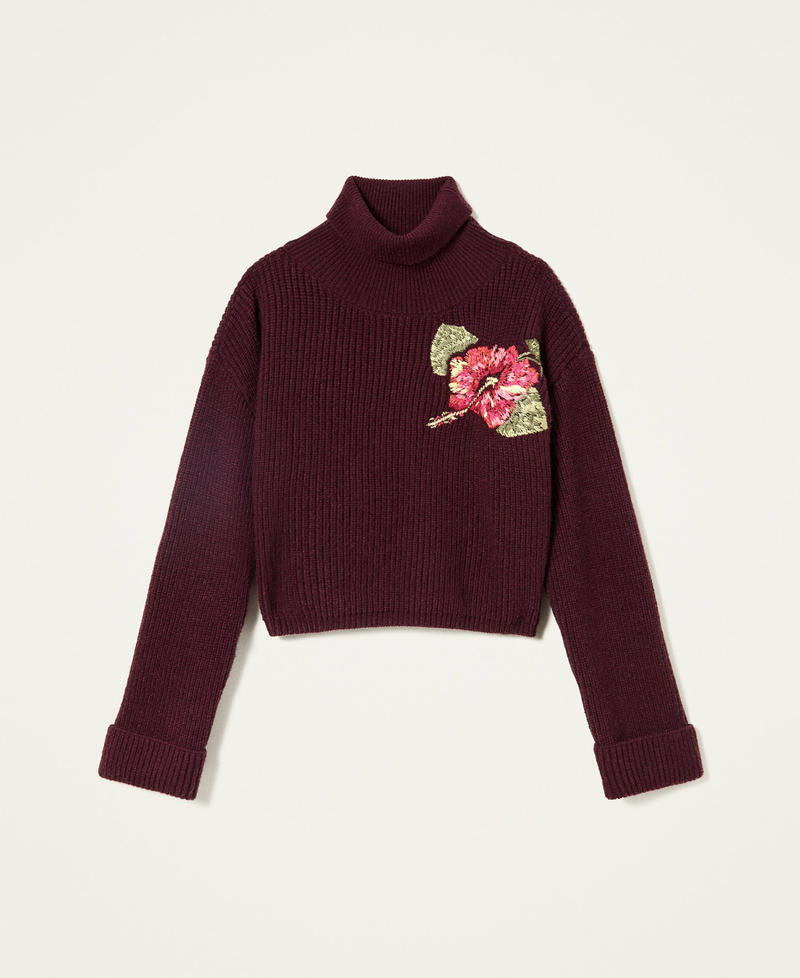 Fisherman's rib turtleneck jumper with embroidery Myrtle Red Girl 222GJ3085-0S
