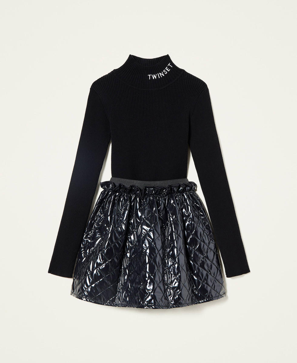 Ribbed turtleneck and diamond-patterned skirt