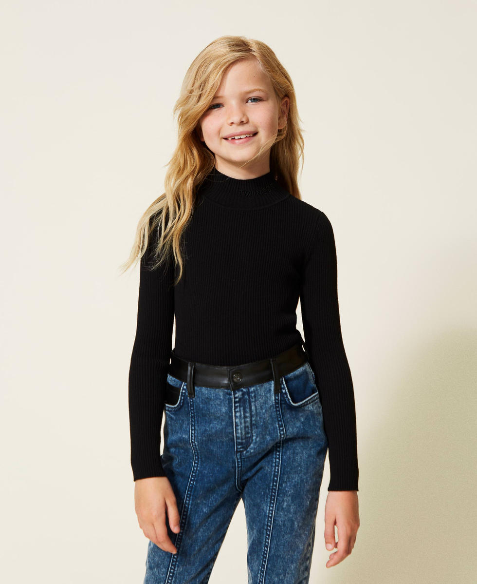 Turtleneck jumper with embroidered logo Girl, Black