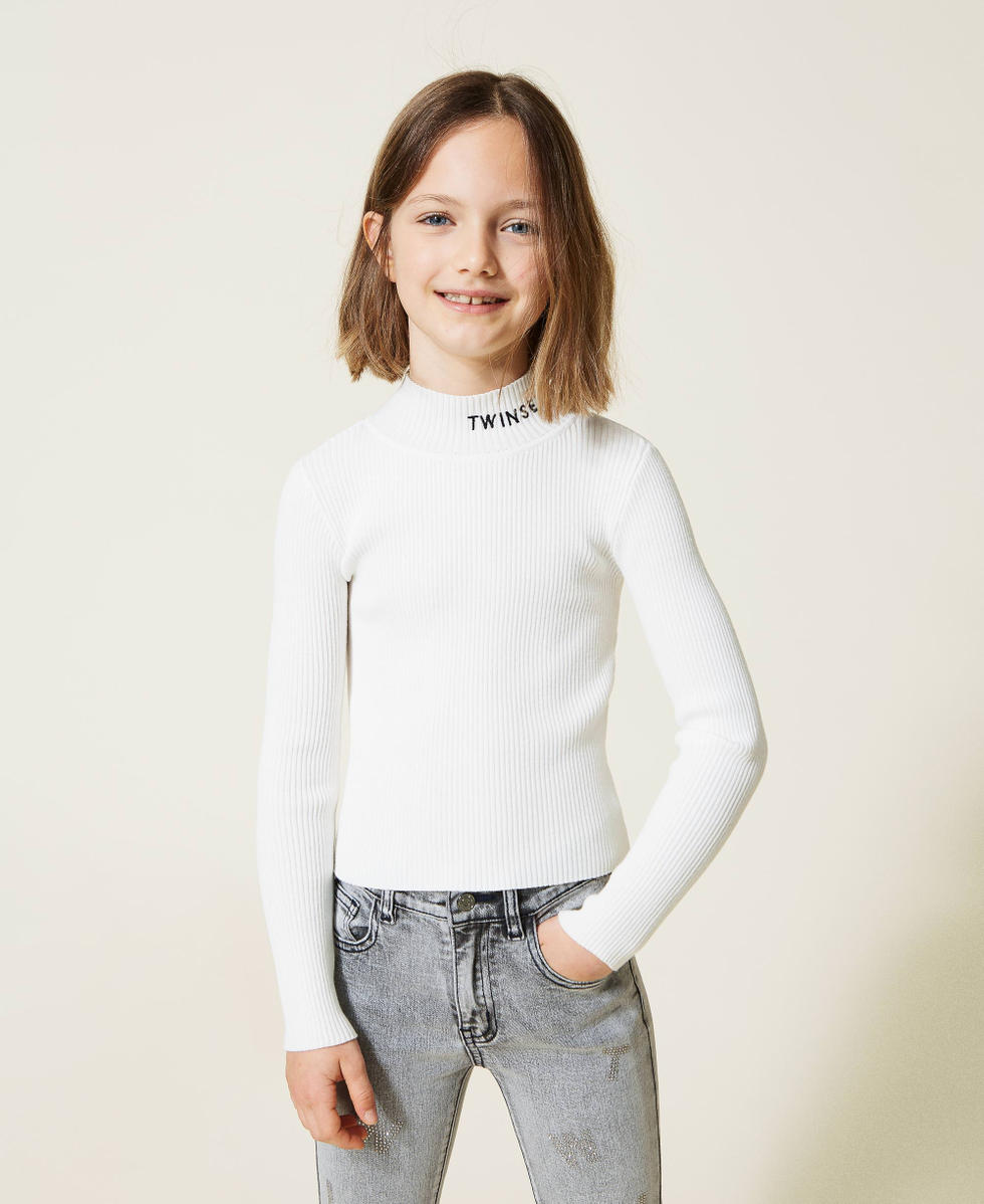 Maglia lupetto con logo ricamato Bambina, Bianco