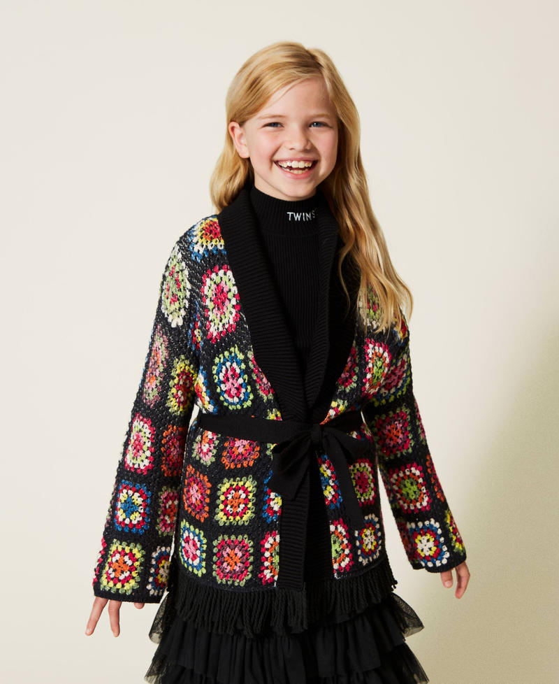 Multicoloured crochet-like cardigan Multicolour Black Girl 222GJ309A-01