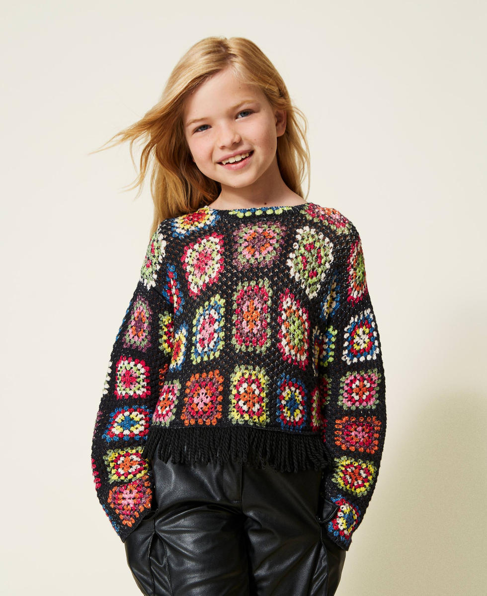 Jersey de efecto crochet multicolor Niña, Negro