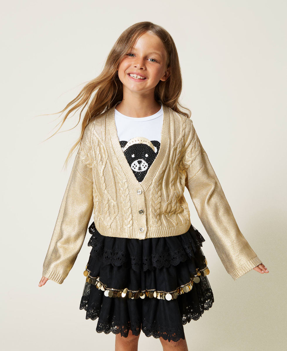 Gold cardigan girl cheap