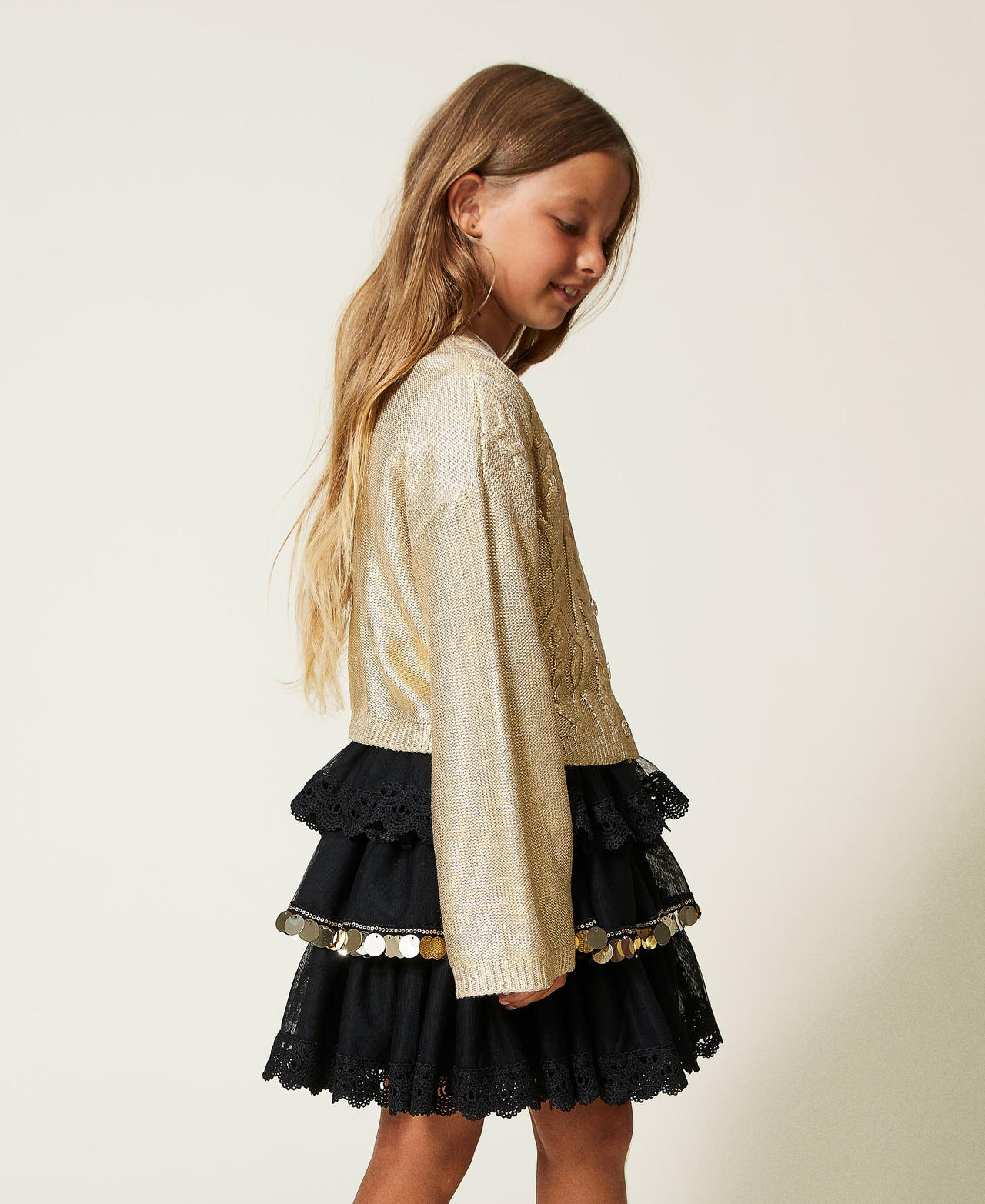 Laminated cable knit cardigan