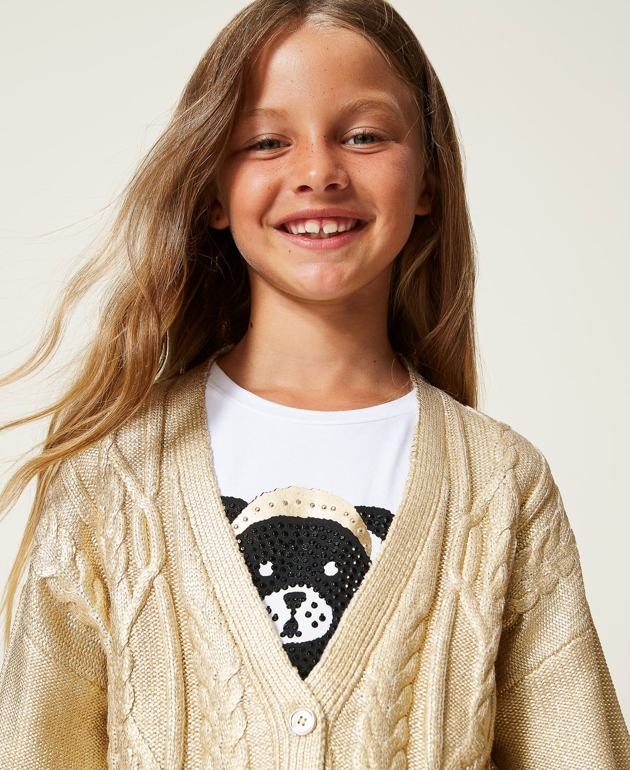Laminated cable knit cardigan Girl Yellow TWINSET Milano