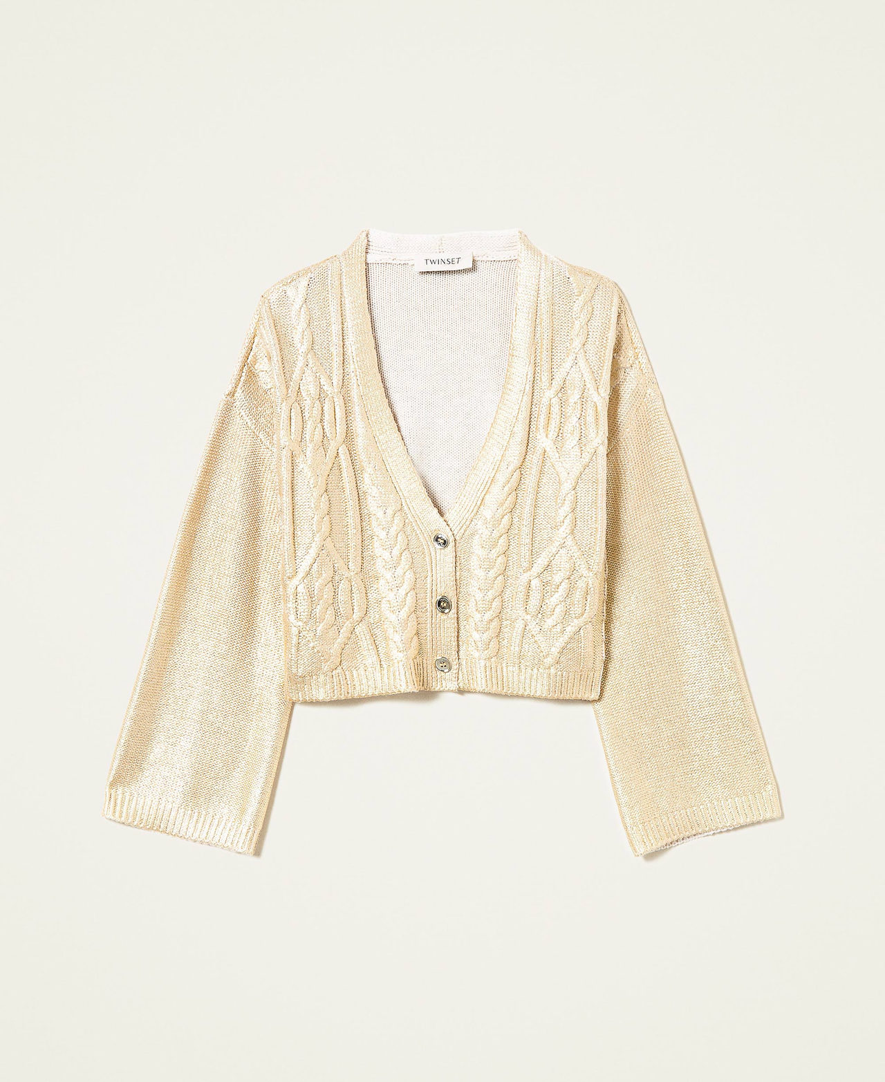 Laminated cable knit cardigan Pale Gold Girl 222GJ3101-0S