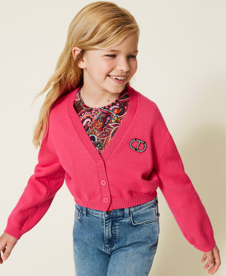 Cardigan with rhinestone logo