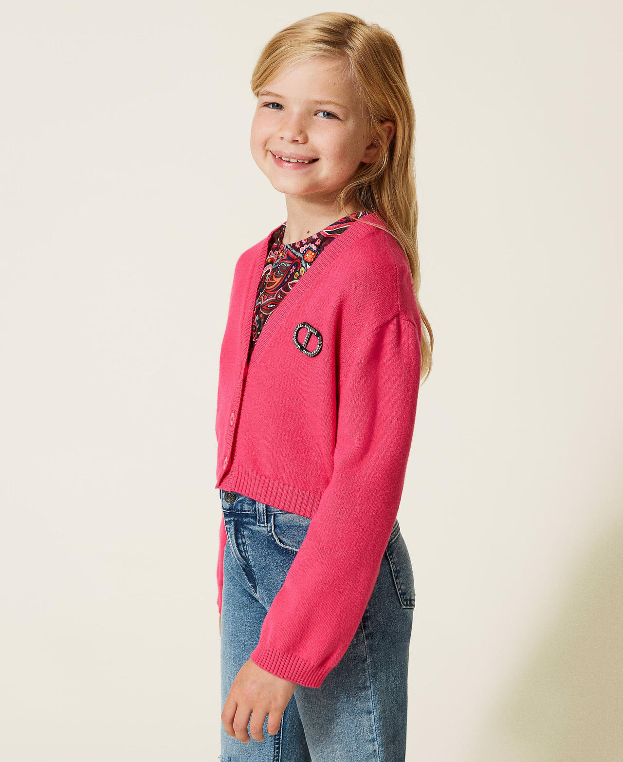 Cardigan with rhinestone logo