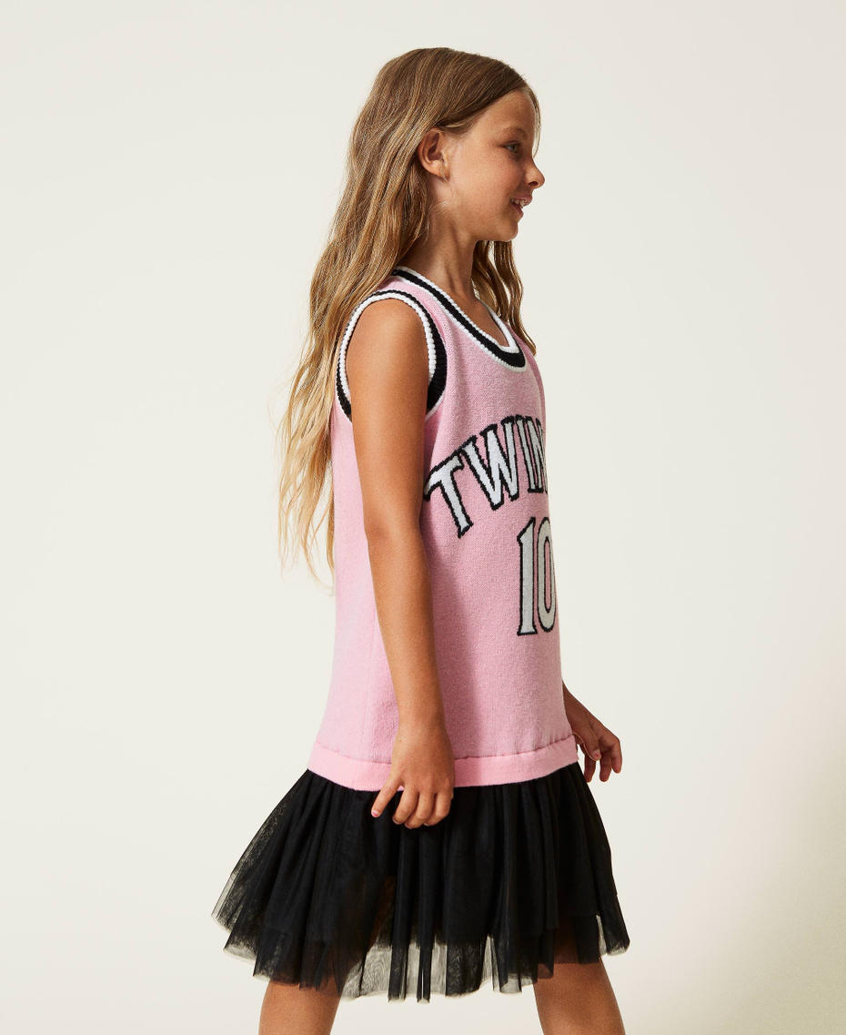 Knitted dress with logo and tulle Two-tone "Sunrise" Pink / Black Girl 222GJ3191-03