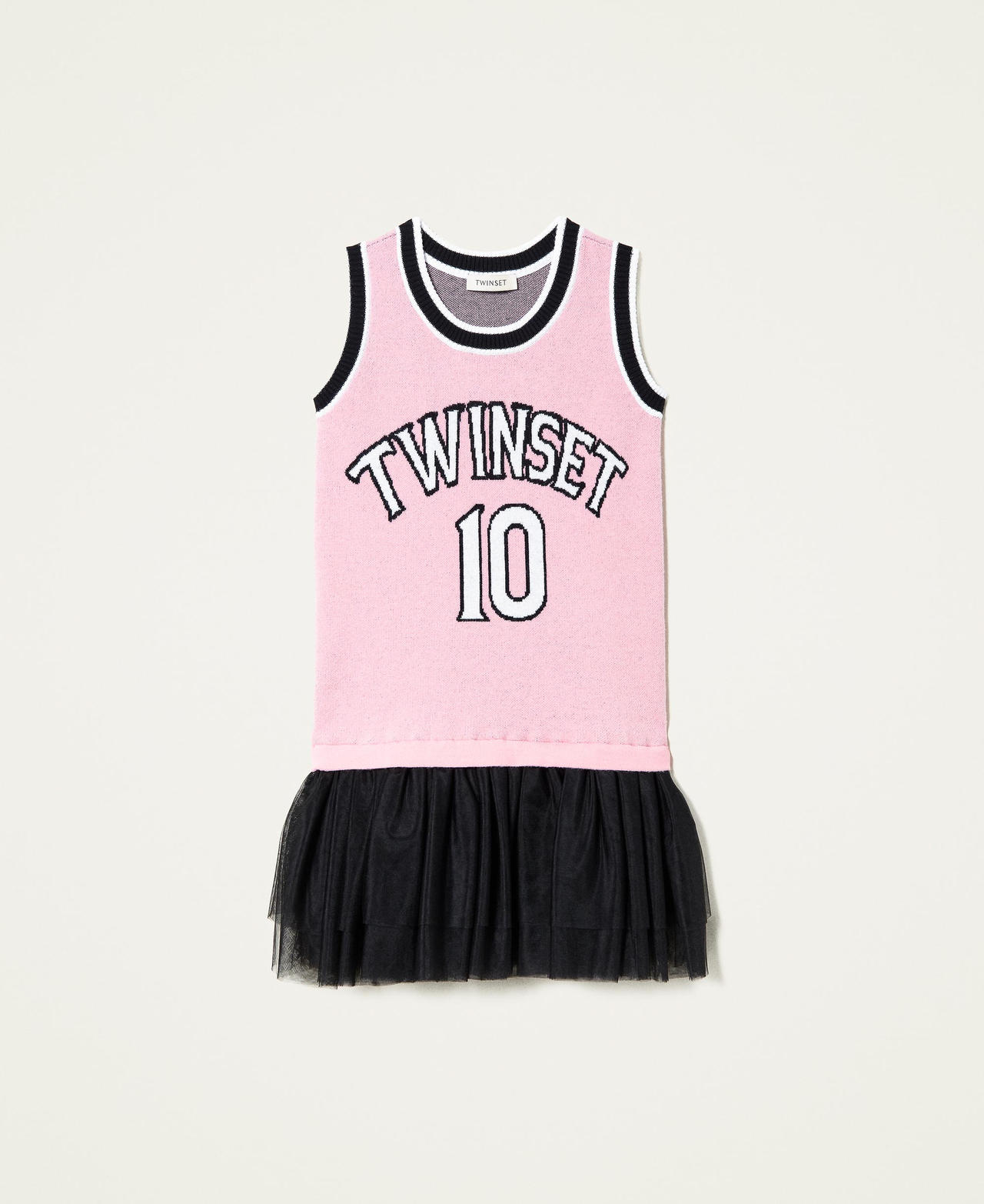 Knitted dress with logo and tulle Two-tone "Sunrise" Pink / Black Girl 222GJ3191-0S