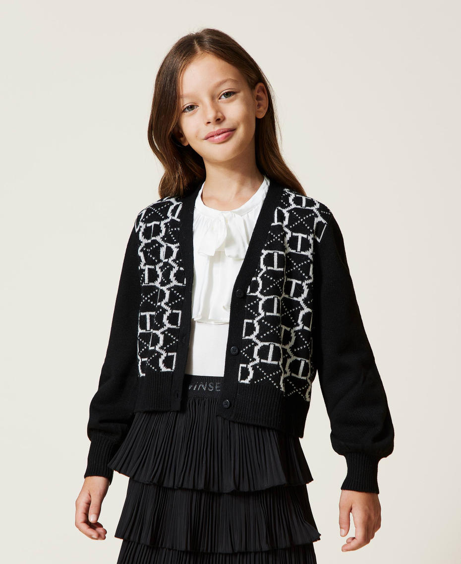 Jacquard cardigan with all over logo Black / Off White Jacquard Oval T Girl 222GJ3217-01