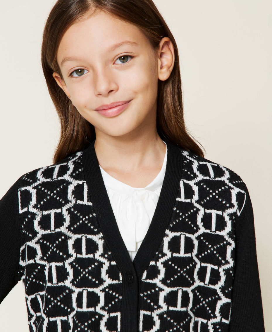 Jacquard cardigan with all over logo Black / Off White Jacquard Oval T Girl 222GJ3217-05