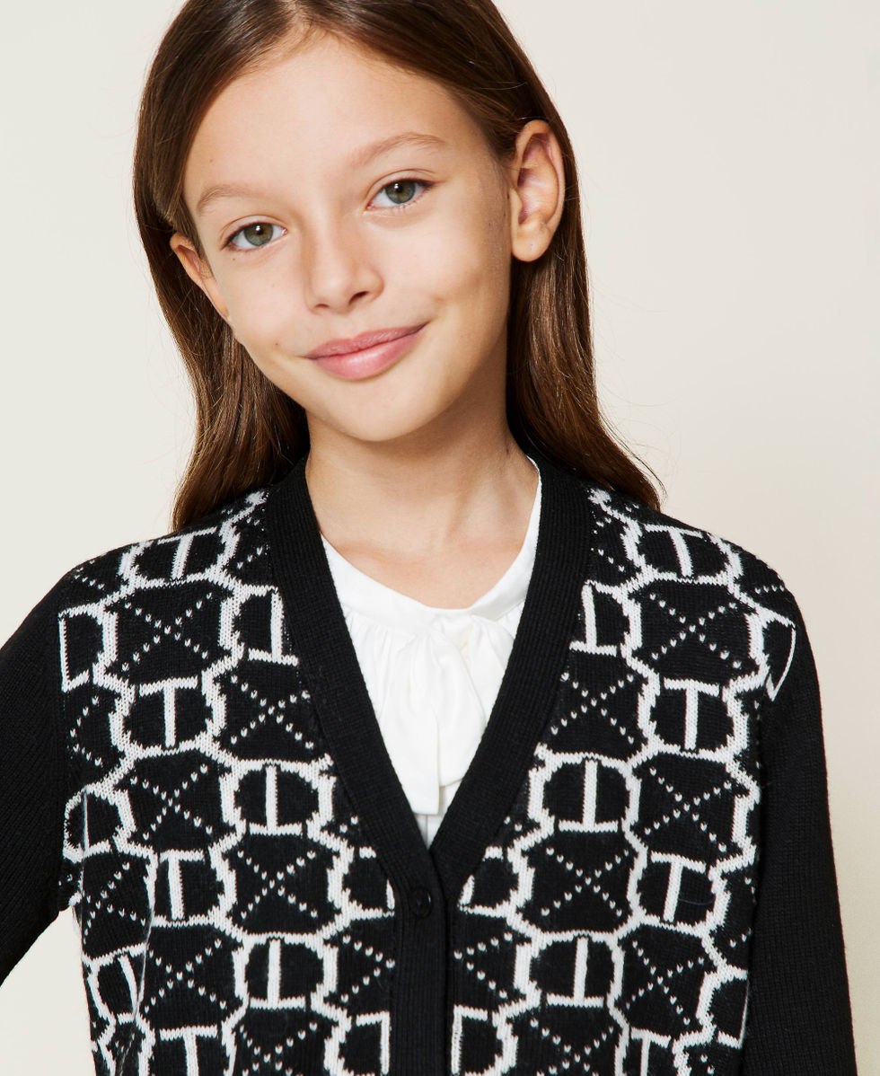 Jacquard cardigan with all over logo Girl Black TWINSET Milano