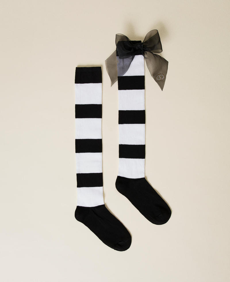 Striped thigh-high socks with bow Off White / Black Stripes Girl 222GJ4562-01