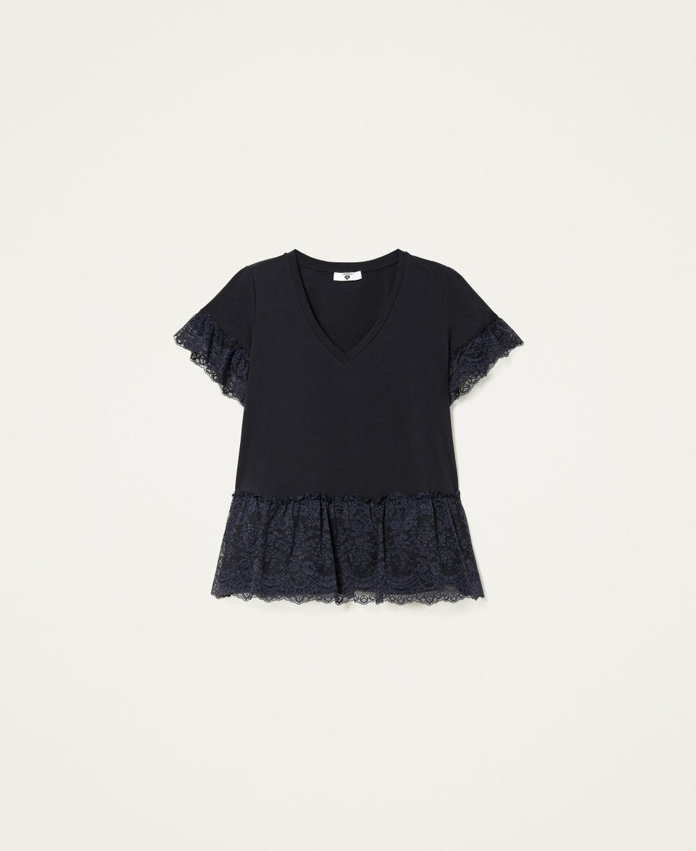 T shirt con balze in pizzo Donna Nero TWINSET Milano