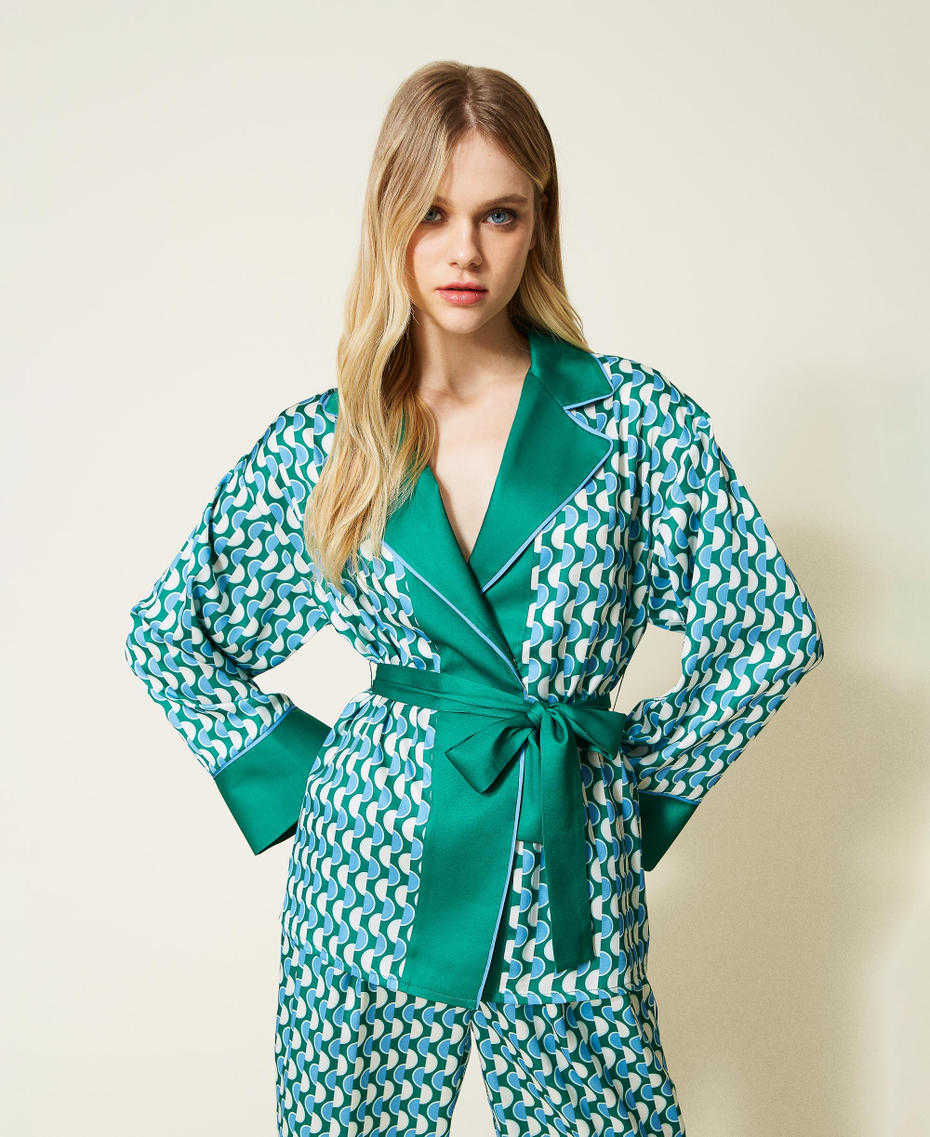 Printed satin kimono tunic Two-tone New Polka Dot Print / "Flag” Green Woman 222LI26FF-01
