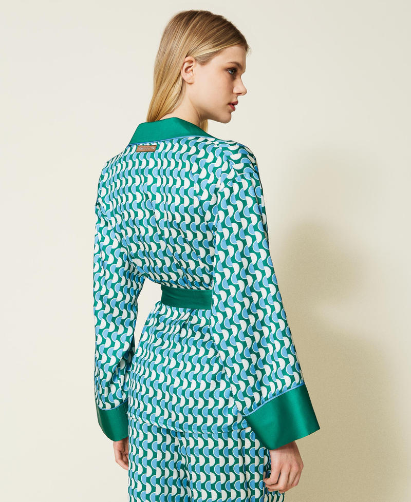 Printed satin kimono tunic Two-tone New Polka Dot Print / "Flag” Green Woman 222LI26FF-04