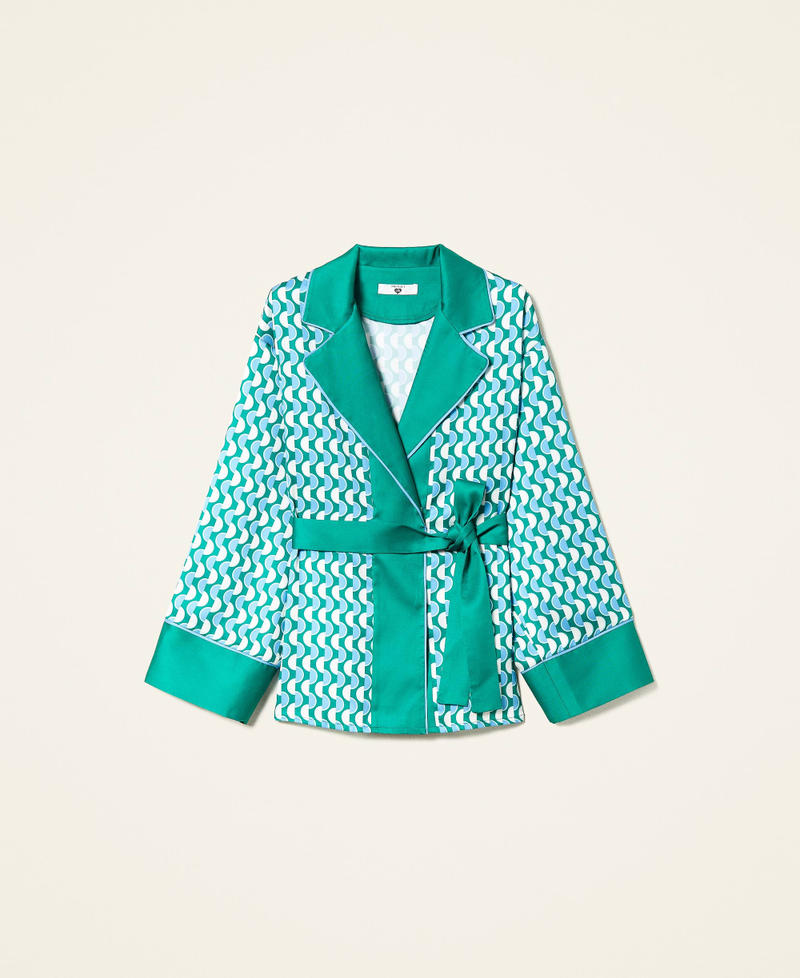 Printed satin kimono tunic Two-tone New Polka Dot Print / "Flag” Green Woman 222LI26FF-0S
