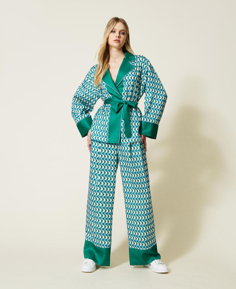 Printed satin kimono tunic Two-tone New Polka Dot Print / "Flag” Green Woman 222LI26FF-0T