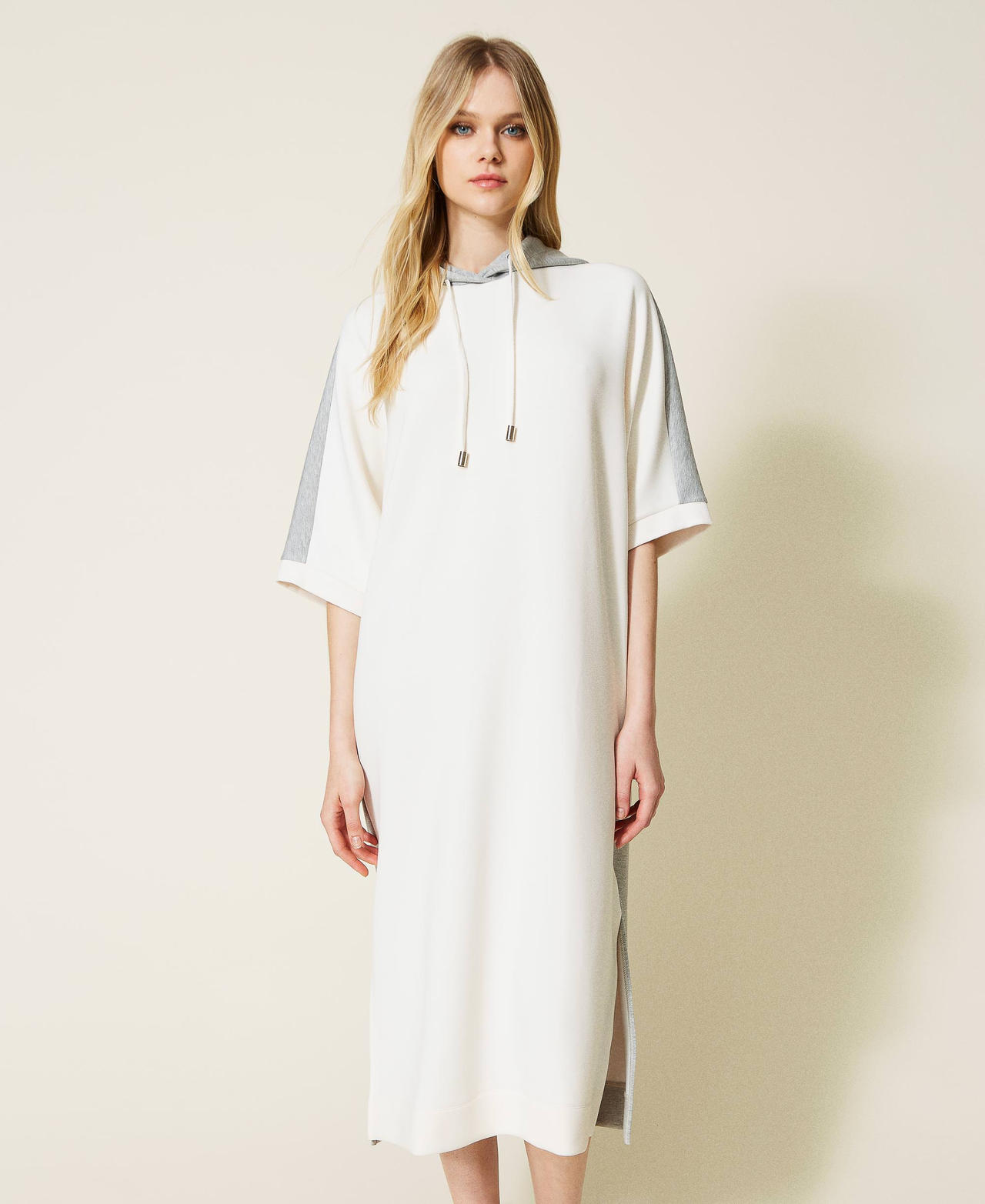 Two-tone scuba dress with hood Two-tone Ivory / Light Grey Marl Woman 222LI26XX-02