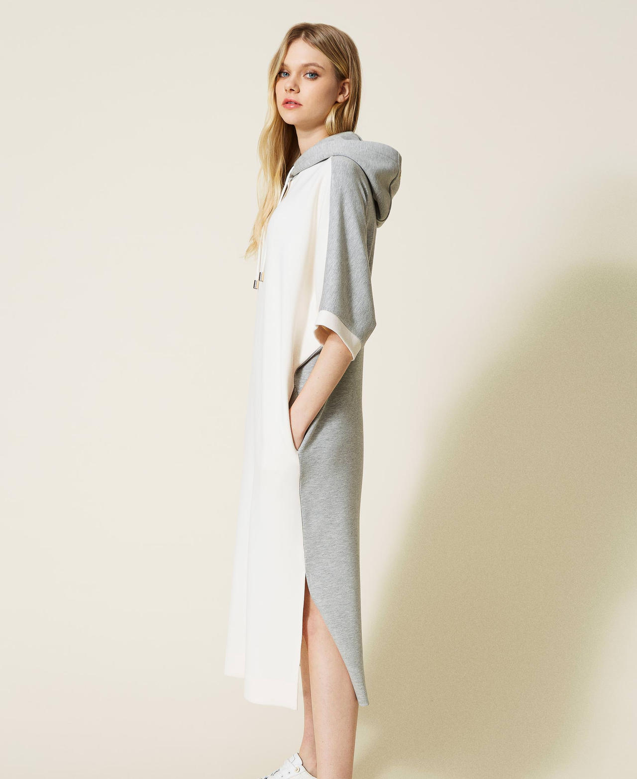 Two-tone scuba dress with hood Two-tone Ivory / Light Grey Marl Woman 222LI26XX-03