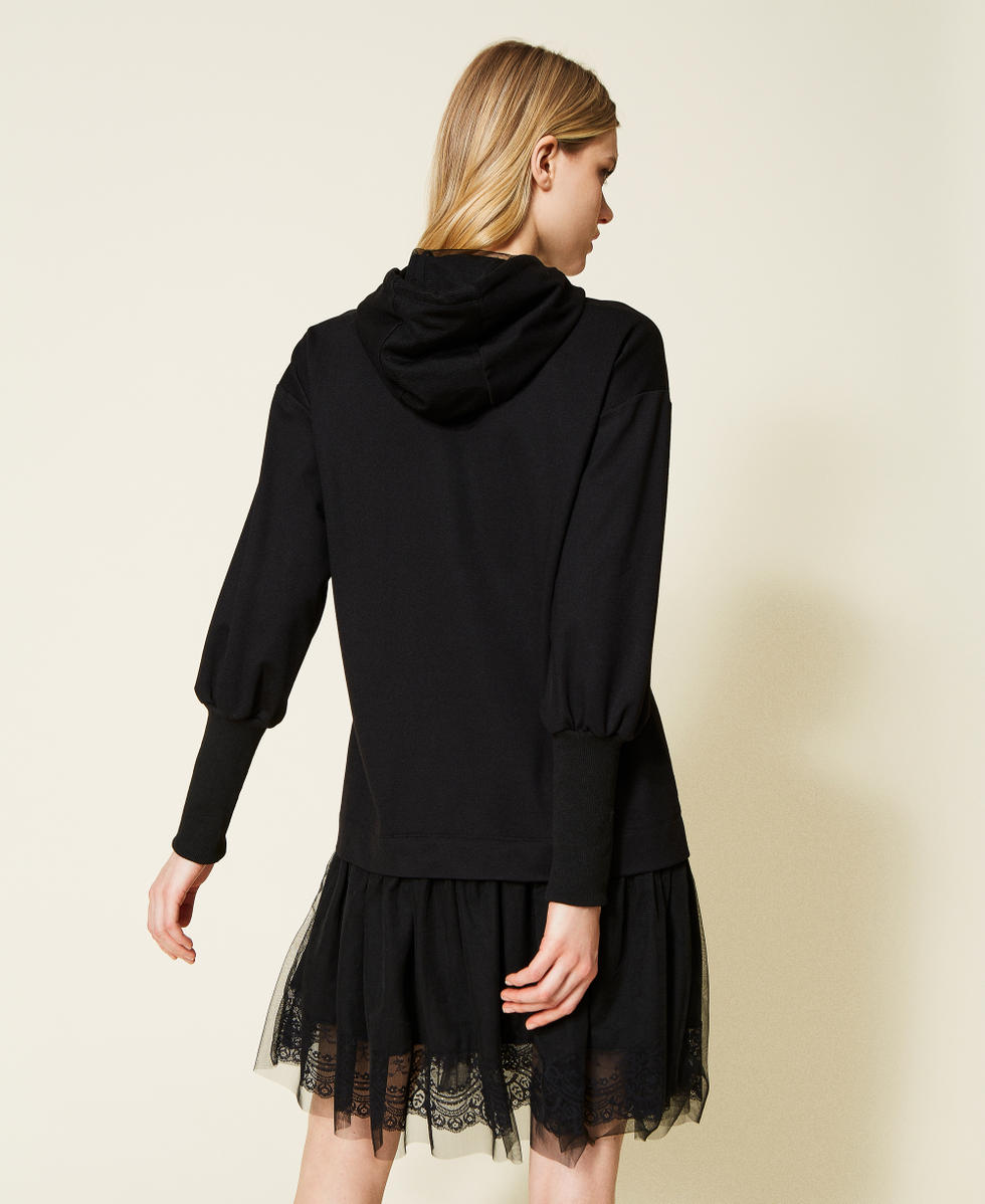 Plush fabric dress with tulle and lace Woman, Black