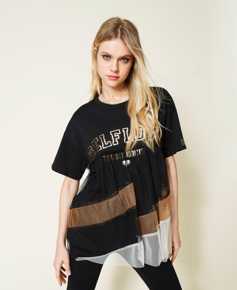 T-Shirt mit Tüllvolant und Print MulticolorMulticolor Butter / Schwarz / helles Elfenbein Frau 222LI28RR-01
