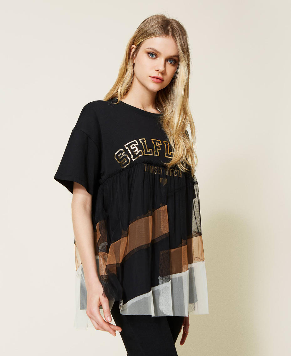 T-shirt with print and tulle flounce Multicolour Butter / Black / Pale Ivory Woman 222LI28RR-03
