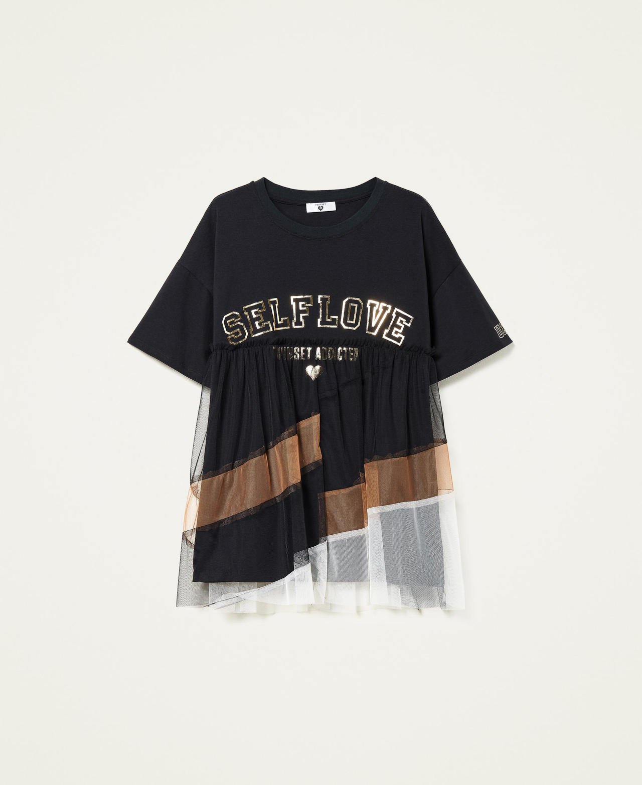 T-shirt avec volant en tulle et imprimé Multicolore Beurre/Noir/Ivoire Clair Femme 222LI28RR-0S