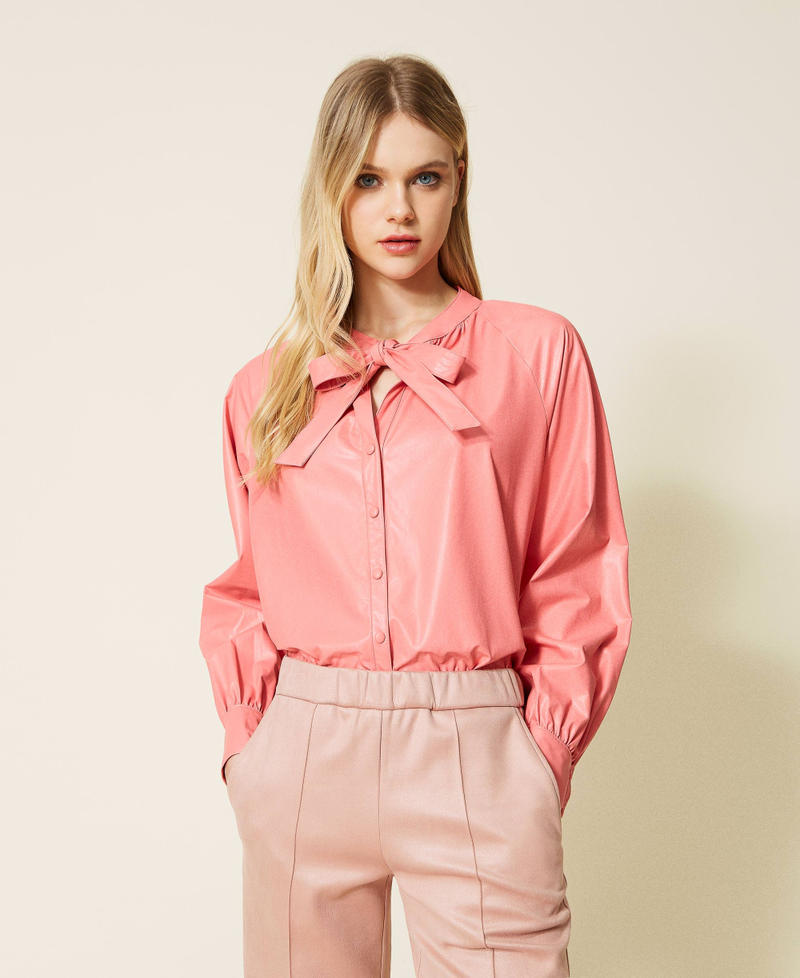 Leather-like shirt with pussy bow "Tea Rose” Pink Woman 222LI29JJ-01