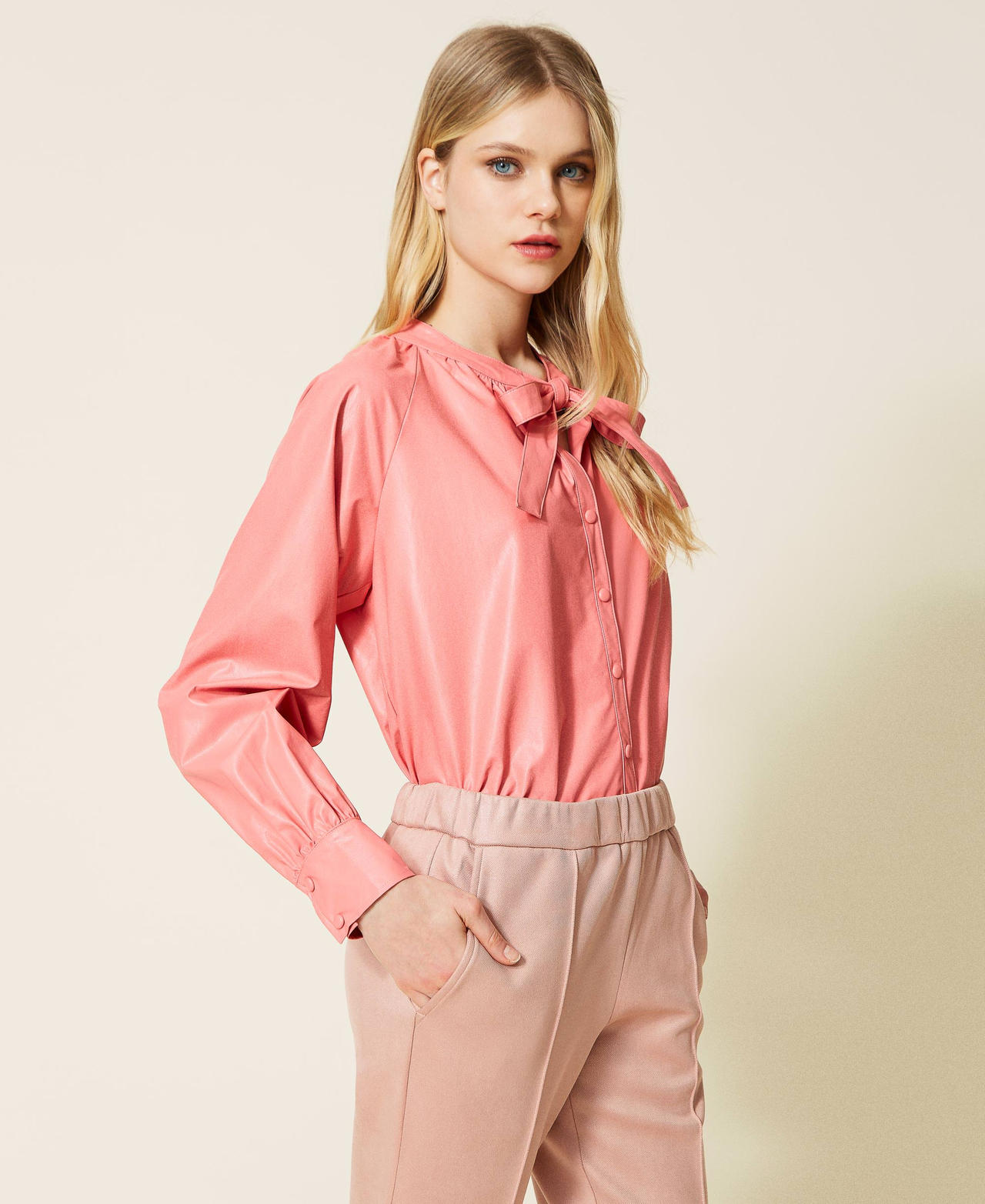 Leather-like shirt with pussy bow "Tea Rose” Pink Woman 222LI29JJ-02