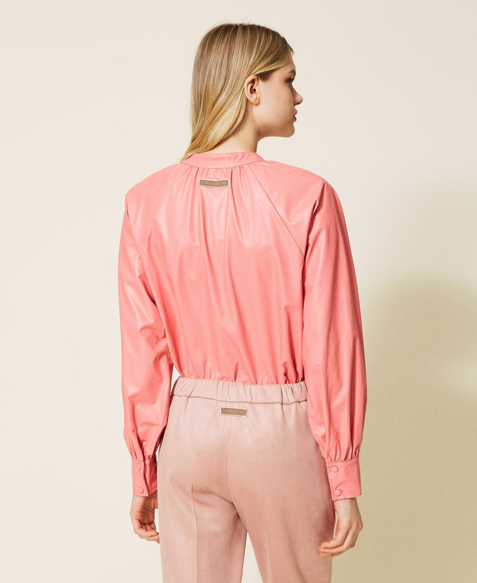 Leather-like shirt with pussy bow "Tea Rose” Pink Woman 222LI29JJ-03