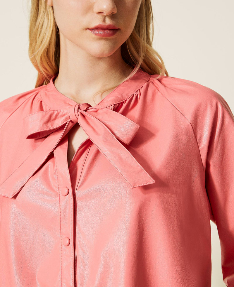 Leather-like shirt with pussy bow "Tea Rose” Pink Woman 222LI29JJ-04