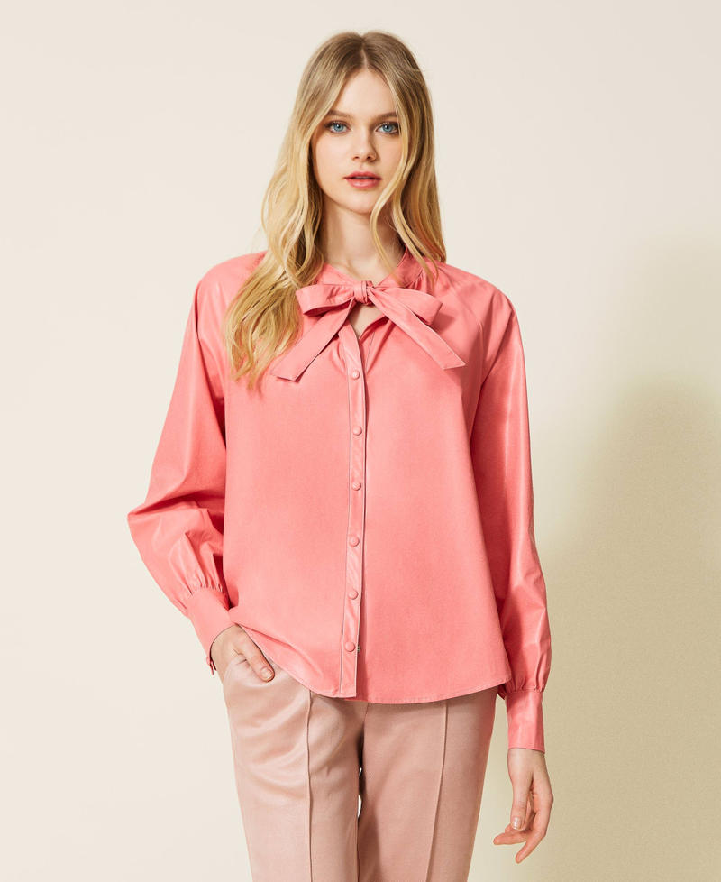 Leather-like shirt with pussy bow "Tea Rose” Pink Woman 222LI29JJ-05
