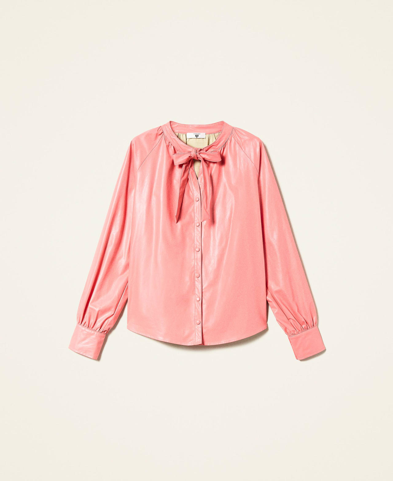 Leather-like shirt with pussy bow "Tea Rose” Pink Woman 222LI29JJ-0S
