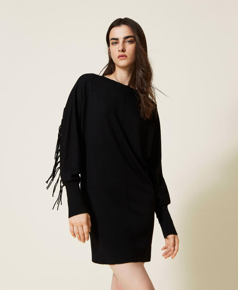 Plain knit dress with fringes Black Woman 222LI32CC-01