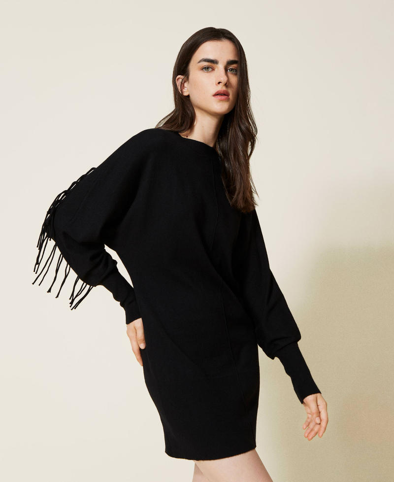 Plain knit dress with fringes Black Woman 222LI32CC-02