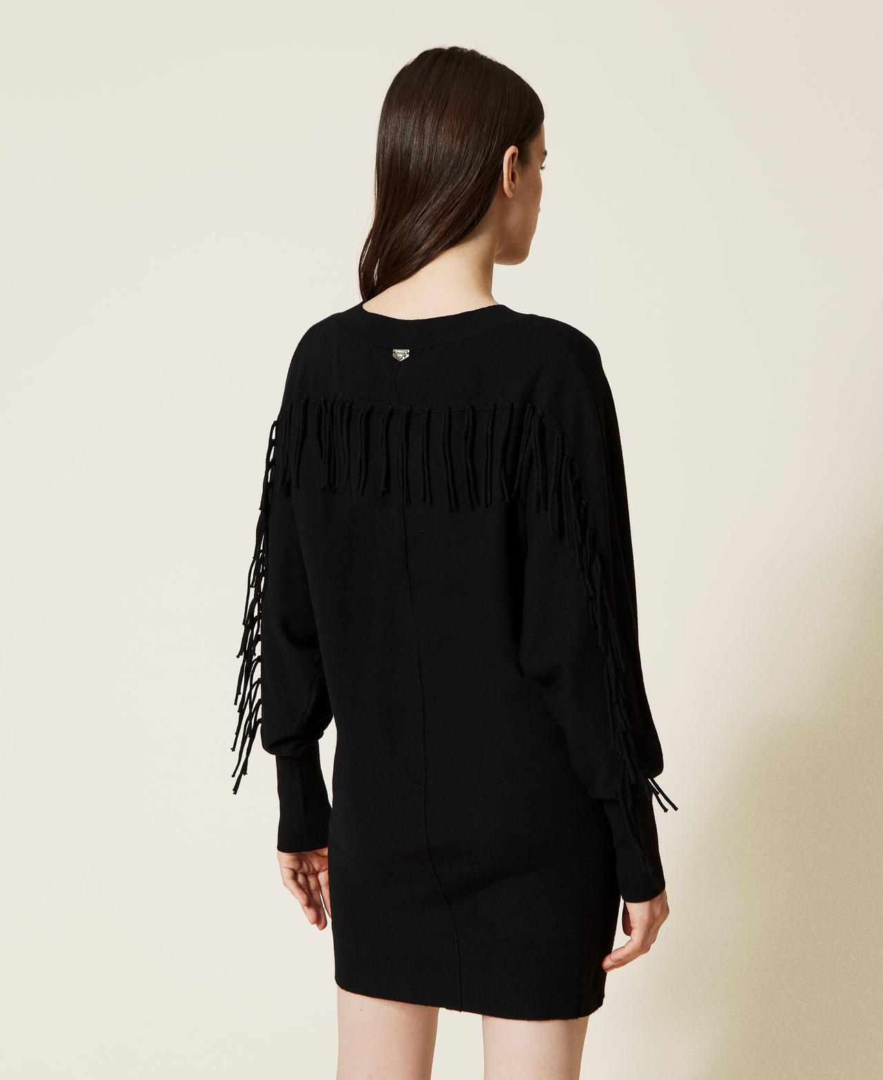 Plain knit dress with fringes Black Woman 222LI32CC-03