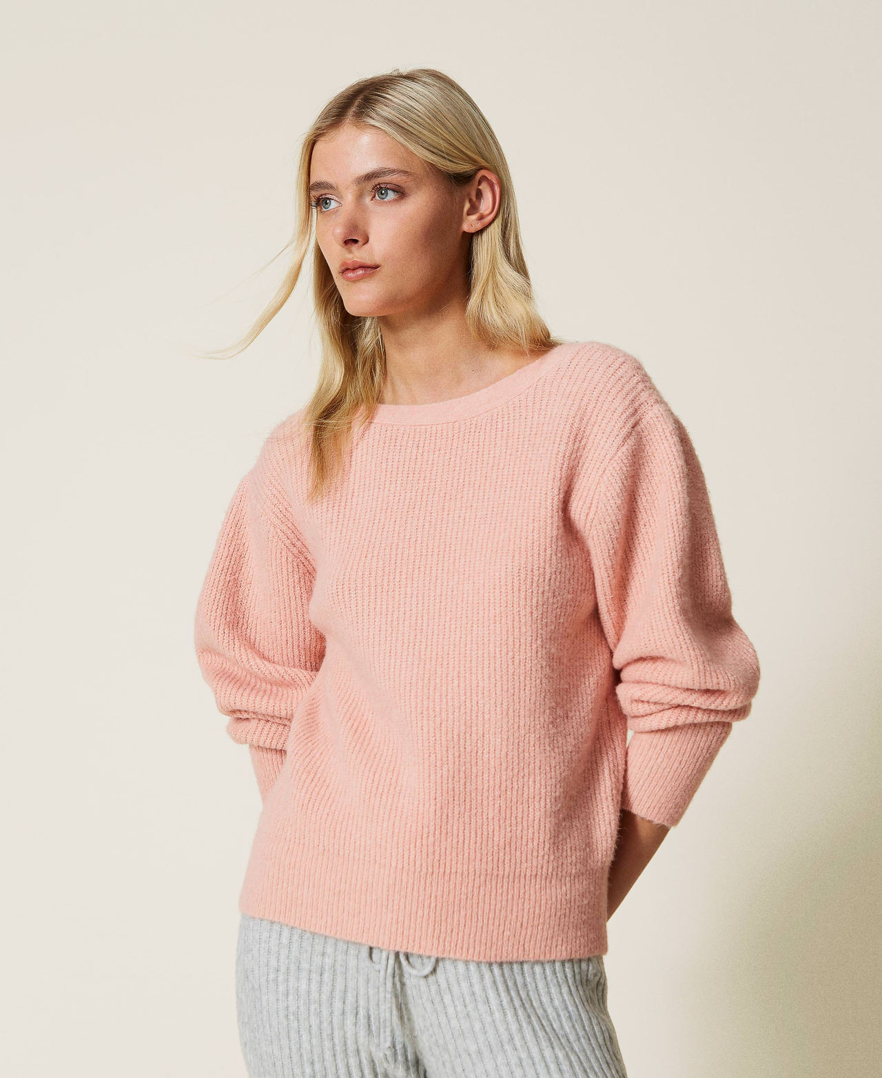 Rib knit cardigan-jumper "Powder" Pink Woman 222LI33BB-02