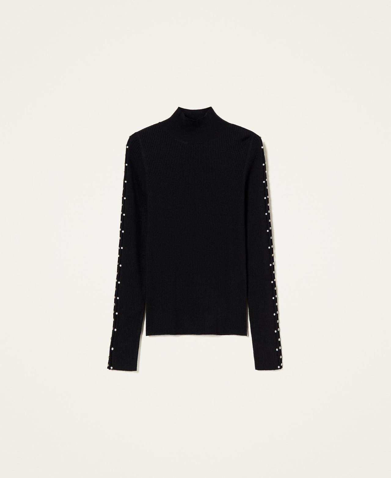 Stehkragenpullover mit Perlen und Strass