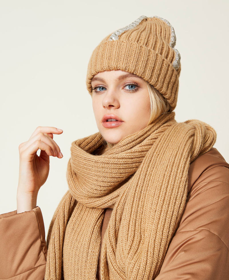 Bonnet en maille avec broderies Femme, Beige | TWINSET Milano