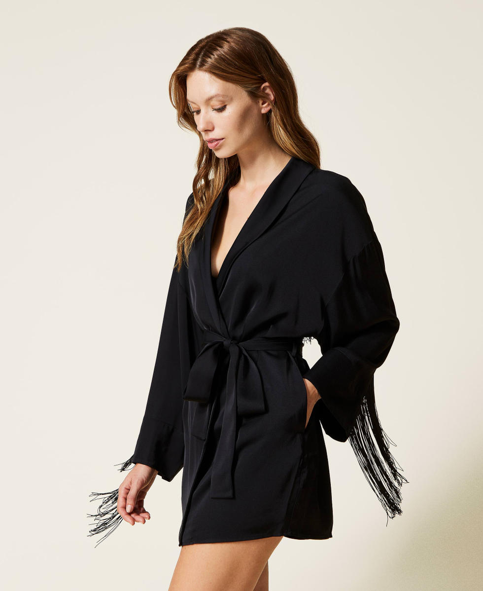 Robe de chambre courte en satin avec franges Femme Noir TWINSET Milano